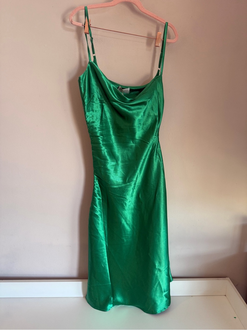 Miss Circle New York Green Satin Cowl Neck Ruched Midi Slip Dress Small NWT